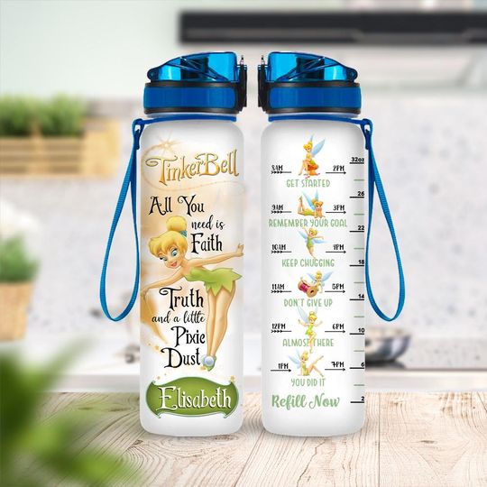 Personalized Disney Tinker Bell Water Tracker Bottle 32oz, Tinker Bell Water Bottle, Princess Magical Kingdom Drinkware Bottle