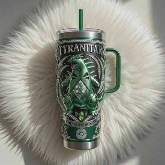 Discover Tyranitar Tumbler with Handle, Emerald Dominion Anime Inspired Mug, Green Monster Stainless Steel Cup, Gaming Fan Gift