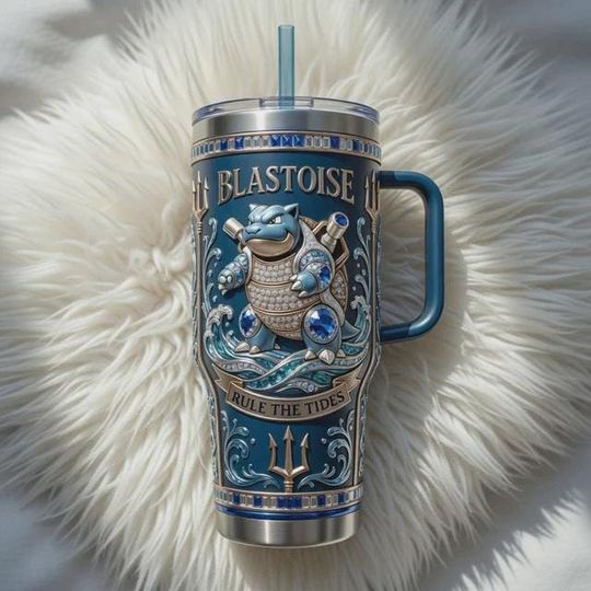 Discover Blastoise Tumbler with Handle, Rule the Tides Anime Inspired Mug, Water Warrior Stainless Steel Cup, Gaming Fan Gift