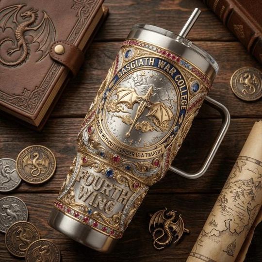 Fourth Wing Basgiath War College Stainless Steel Tumbler with Handle, Dragon Rider Academy Mug, Fantasy Book Lover Gift