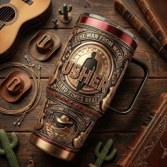 Usher The Man From Waco Tumbler with Handle, Hard Times Real Stainless Steel Mug, Country Western Music Cup, Usher Fan Gift