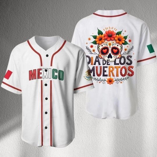 Discover Mexico Dia de los Muertos Baseball Jersey, Sugar Skull Calavera Shirt, Mexican Flag Colors Unisex Button Front Festival Fan Top