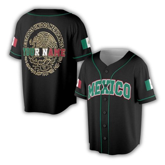 Custom Mexico Baseball Jersey in Black with Green Piping, Personalized Name on Back Crest, Mexican Flag Sleeves, Unisex Button Up Gift