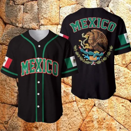 Discover Simple Mexico Eagle Black Baseball Jersey 3D Printed Shirt for Men