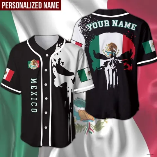 Discover Mexico Skull Flag Personalized Name Baseball Jersey 3D Printed Shirt for Men