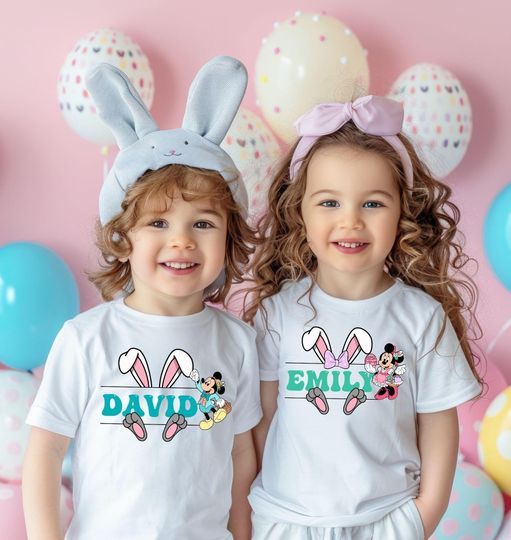 Discover Personalized Disney Easter Day Shirt, Custom Name Mickey and Minnie Bunny Ear T-Shirt, Disneyland 2026 Easter Trip Family Matching Tees