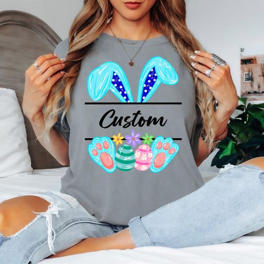 Discover Comfort Colors Custom Easter Bunny Shirt, Personalized Name Bunny Ears And Eggs Design, Cute Spring Holiday Gift, Family Matching Easter T