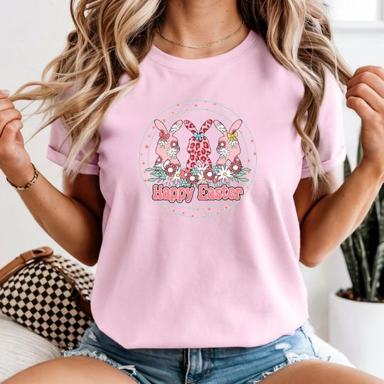 Discover Cute Floral Bunny Easter Shirt for Women, Happy Easter Spring Graphic Tee, Retro Bunny Holiday Outfit