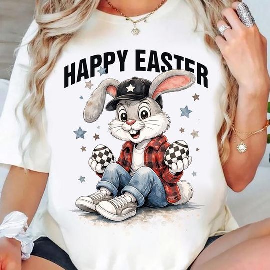 Discover Happy Easter Bunny Shirt, Cute Rabbit Plaid Shirt Cap Eggs T-Shirt, Funny Easter Bunny 2026 Spring Holiday Tee Top Women