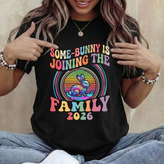 Discover 2026 Baby Announcement Shirt Some-bunny Joining Family Retro Groovy Mosaic Bunny