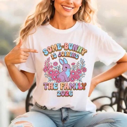 Discover Pregnancy Announcement Shirt Some-Bunny Joining Family 2026 Retro Groovy Design