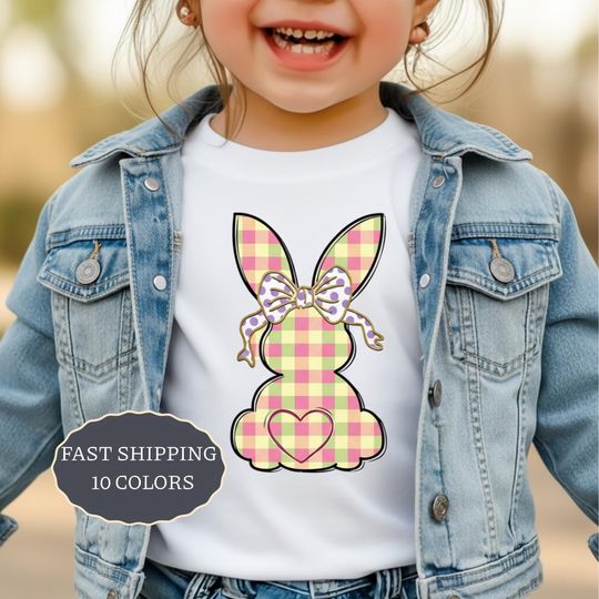 Discover Kids Easter Outfit Cute Gingham Bow Bunny Tee Plaid Bunny Silhouette Easter basket Gift