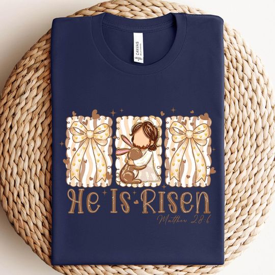Discover He Is Risen Sweatshirt, Jesus Hugging Bunny, Coquette Bow Christian Easter, Matthew 28 6 Crewneck