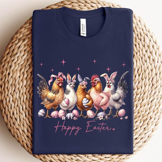 Discover Happy Easter Chicken Shirt, Funny Bunny Ear Hens with Eggs, Cute Farm Easter T-Shirt