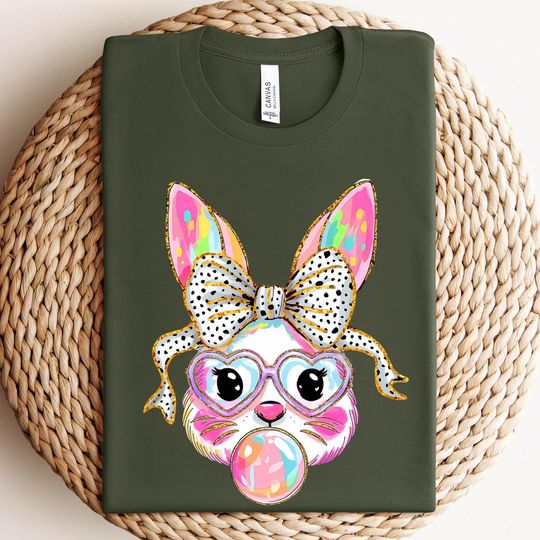 Discover Cute Easter Bunny Shirt with Bow & Heart Glasses, Pastel Bubble Gum Rabbit Tee