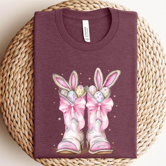 Discover Western Easter Bunny Cowgirl Boots Shirt, Pink Bow Western Easter Tee for Women