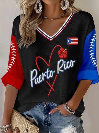 Puerto Rico Women's Casual Baseball Printed Waffle Long Sleeve