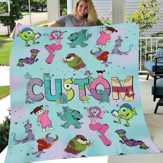 Personalized Monsters Inc Fleece Blanket with All Characters, Mike, Sulley, Boo