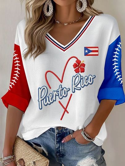 Puerto Rico Women's Casual Baseball Printed Waffle Long Sleeve