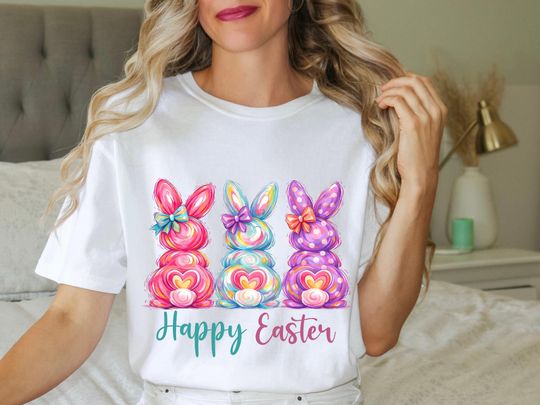 Discover Happy Easter Bunny Shirt  Colorful Bunny Trio Graphic Tee, Spring Easter Outfit