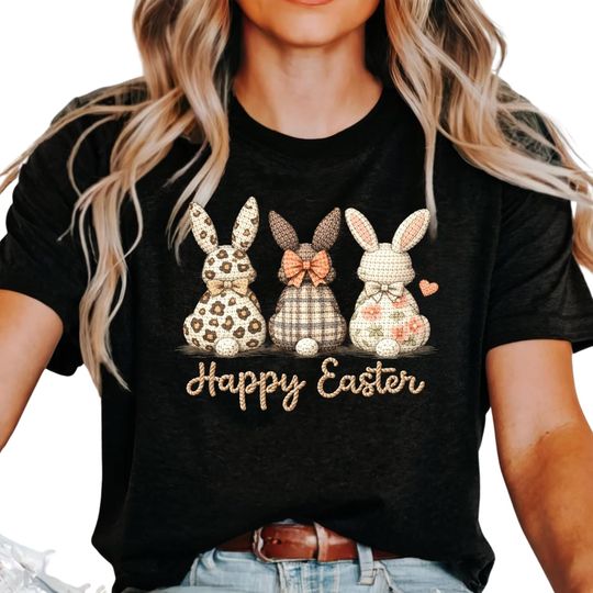 Discover Happy Easter Bunny Shirt, Faux Yarn Bunny Easter Tee, Girly Spring Bunny Graphic Shirt
