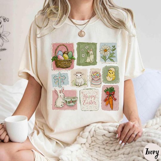 Discover Comfort Colors Happy Easter Stamp Shirt, Retro Bunny Tee
