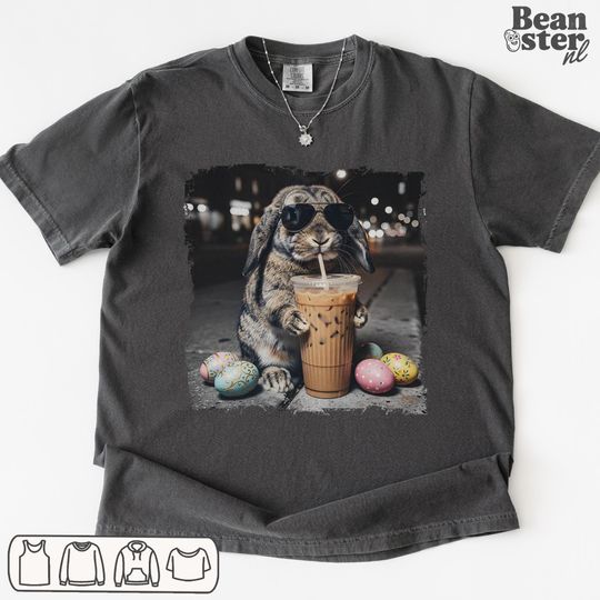 Discover Easter Bunny Drinking Iced Coffee Shirt | Lop Rabbit Gift, Funny Animal Meme Tshirt
