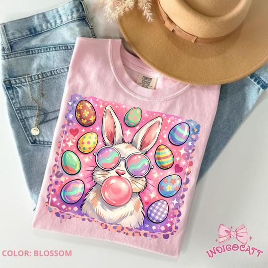 Discover Retro Bubblegum Bunny Easter Comfort Colors Shirt, Pastel Sunglasses Eggs Graphic Tee