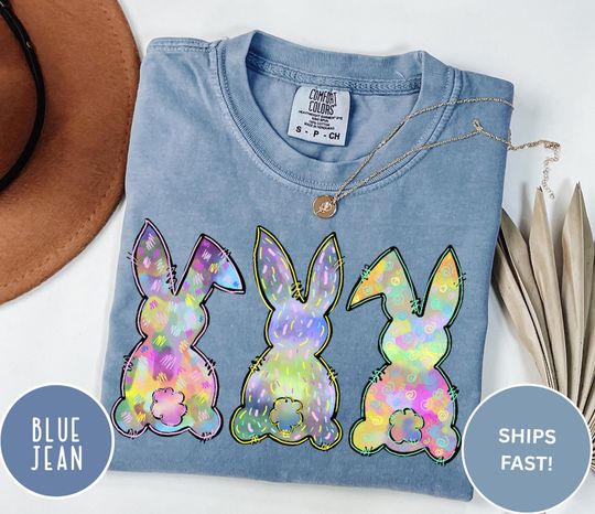 Discover Three Colorful Easter Bunny Comfort Color Shirt, Floral Bunny Shirt, Cute Easter Shirt