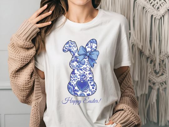 Discover Happy Easter Shirt, Blue Floral Bunny Shirt, Easter Bunny T-Shirt, Spring Rabbit Tee, Flower Lover Gift