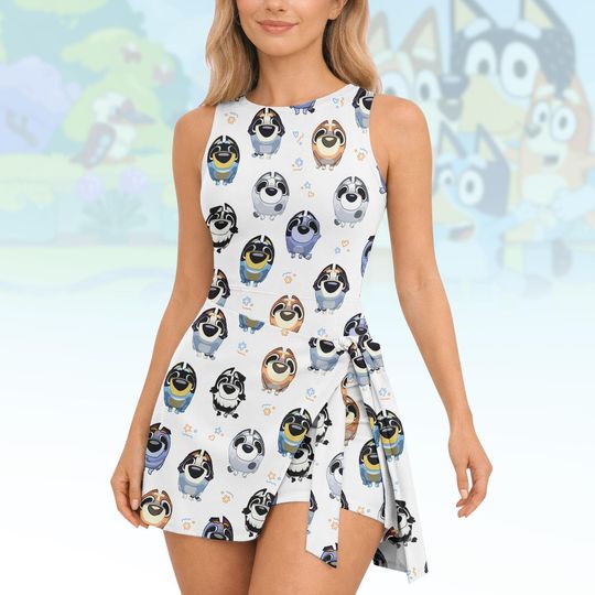 Discover Cartoon Dog Tennis Skirt Dress, Cute Puppy Wrap Skirt, Animated Mini Dress, Women Sporty Dress, Gift For Her
