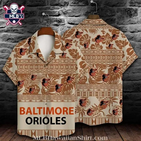 Discover Baltimore Baseball Team Orioless Tropical Beige Tiki Pattern Aloha Shirt