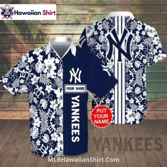 Discover Custom Name Navy NY Baseball Team Yankeess Hawaiian Shirt With Bold Florals