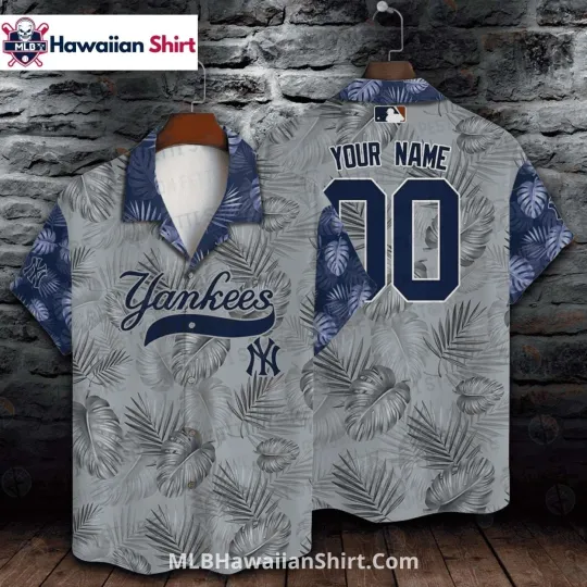 Discover Custom Name Gray NY Baseball Team Yankeess Hawaiian Shirt With Leaf Print