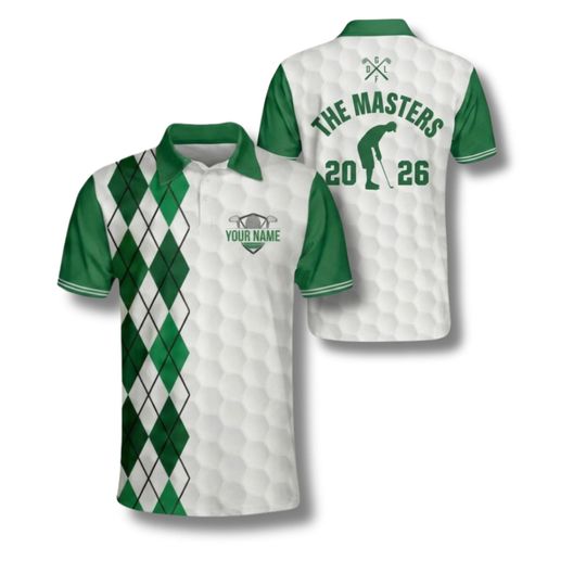 Custom Masters Golf Polo Shirt 2026 with Personalized Name, Green Argyle Golf Shirt Gift for Golfer Tournament Fan