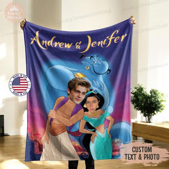 Discover Disney Couple Custom Blanket, Custom Aladdin & Jasmine Blanket With Face, Personalized Blanket For Couple, Ideal Valentine's Day Present