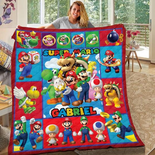 Personalized Super Mario Quilt Blanket, Super Mario Luigi Priness Peach Bowser Blanket, Mario Game Blanket, Gift For Bed Sofa, Gift For Kids