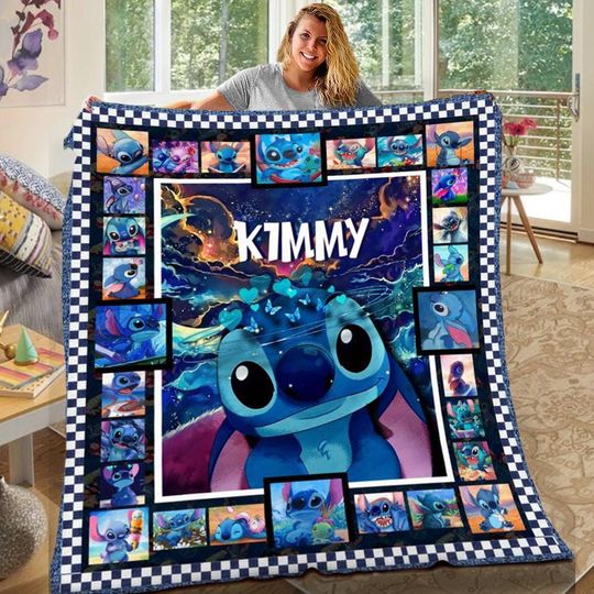 Discover Personalized Lilo And Stitch Fleece Blanket, Custom Name Stitch Quilt Blanket, Stitch Cartoon Blanket, Gift Birthday for Kid