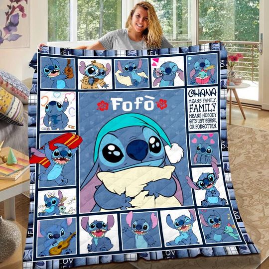 Discover Personalized Lilo And Stitch Quilt Blanket, Custom Name Stitch Fleece Blanket, Stitch Cartoon Blanket, Gift Birthday for Kid,