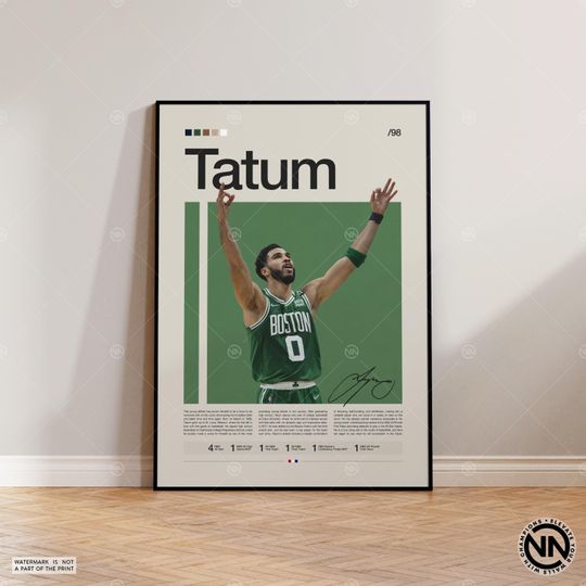 Jayson Tatum Poster, Boston Celtics Poster, Sports Poster, Mid Century Modern, Basketball Gift, Sports Bedroom Posters