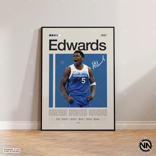 Anthony Edwards Poster, Timberwolves Print, Sports Poster, Mid Century Modern, Basketball Gift, Sports Bedroom Posters