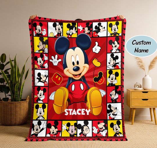 Discover Personalized Mickey Mouse Blanket, Cartoon Style Gift for Boys and Girls, Custom Name Mickey Mouse Blanket, Mickey Blanket