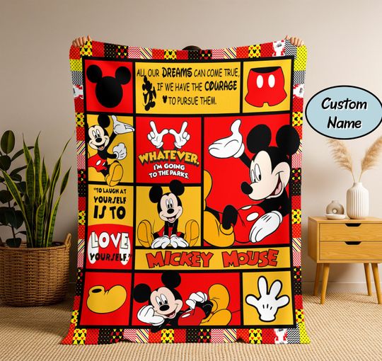 Discover Personalized Mickey Mouse Blanket, Cartoon Style Gift for Boys and Girls, Custom Name Mickey Mouse Blanket, Mickey Blanket