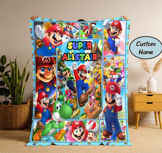 Personalized Super Mario Blanket, Custom Name Mario Blanket, Super Mario Birthday Kid Gift, Christmas Gift Kid, Cartoon Blanket