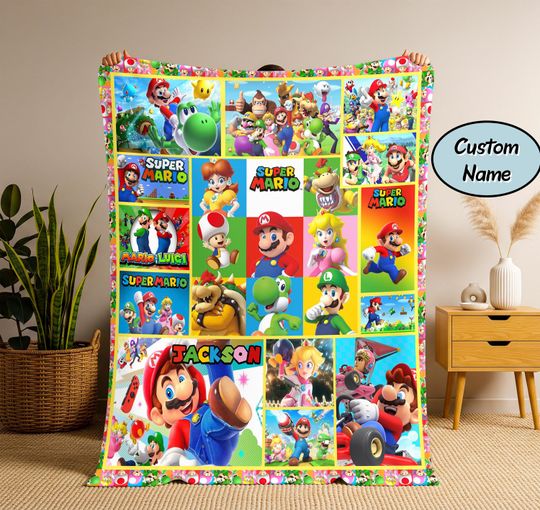 Discover Personalized Super Mario Blanket, Custom Name Mario Blanket, Super Mario Birthday Kid Gift, Christmas Gift Kid, Cartoon Blanket