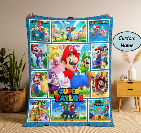 Discover Personalized Super Mario Blanket, Custom Name Mario Blanket, Super Mario Birthday Kid Gift, Christmas Gift Kid, Cartoon Blanket