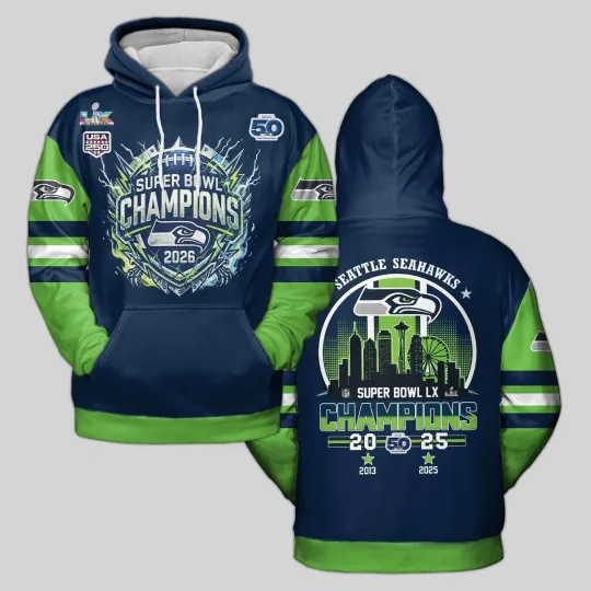 Discover 2026 Seattle Seahawkss Super B.owl LX Champions All Over Hoodie Tee
