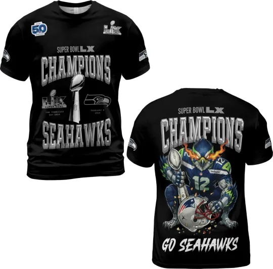Discover 2026 Super Bowl LX Champions Seattle Seahawks  All Over Print TShirt - S to 5XL