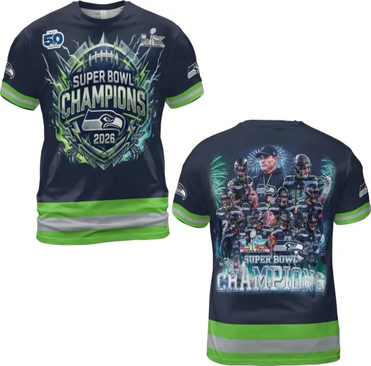 Seattle Seahawkss 2026 Super B.owl LX Champions All Over Print TShirt - S to 5XL