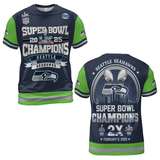 Discover Seattle Seahawkss Super B.owl LX Champions 2026 All Over Print TShirt - S to 5XL